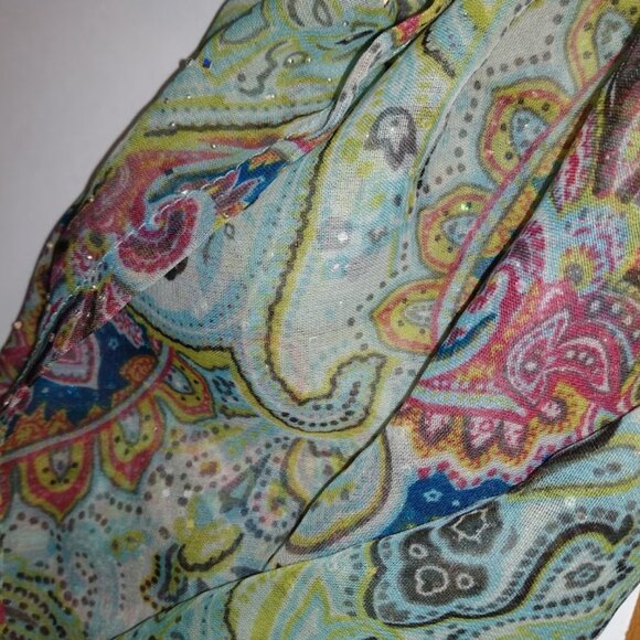 Sequence green gold design look scarf. Measures approx. 22"x56.5". - Picture 3 of 3